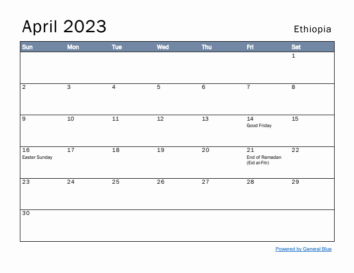 April 2023 Simple Monthly Calendar for Ethiopia