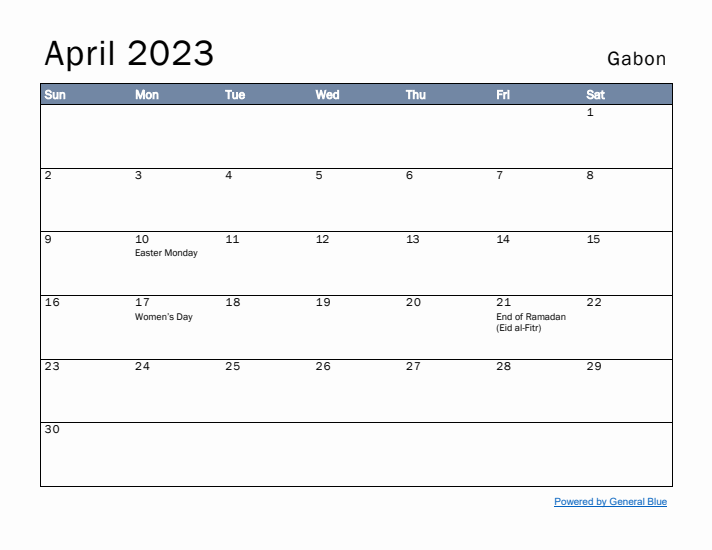 April 2023 Simple Monthly Calendar for Gabon