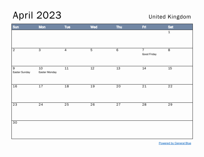 April 2023 Simple Monthly Calendar for United Kingdom