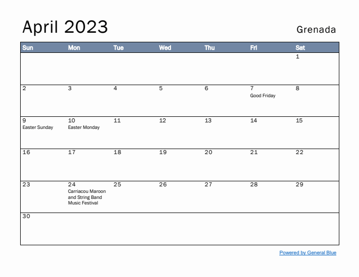 April 2023 Simple Monthly Calendar for Grenada