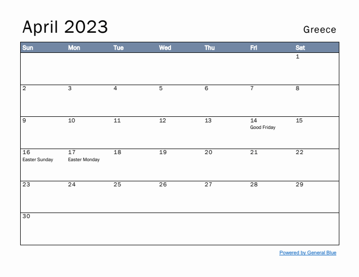 April 2023 Simple Monthly Calendar for Greece