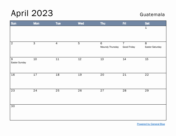 April 2023 Simple Monthly Calendar for Guatemala