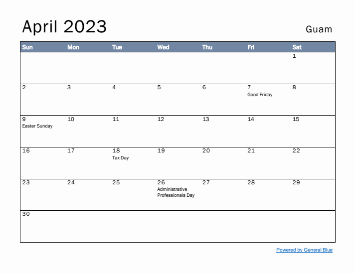 April 2023 Simple Monthly Calendar for Guam