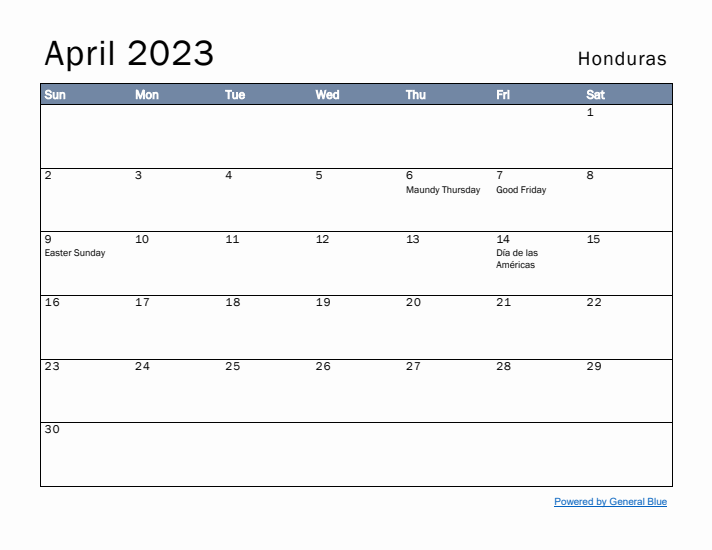 April 2023 Simple Monthly Calendar for Honduras