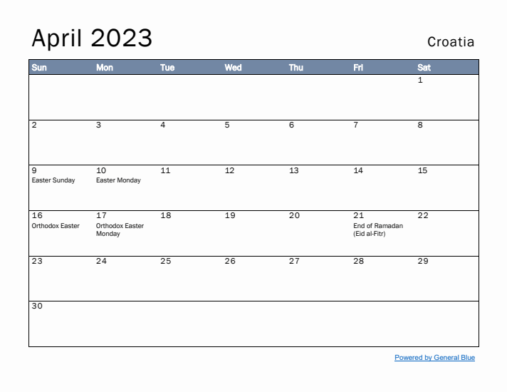 April 2023 Simple Monthly Calendar for Croatia