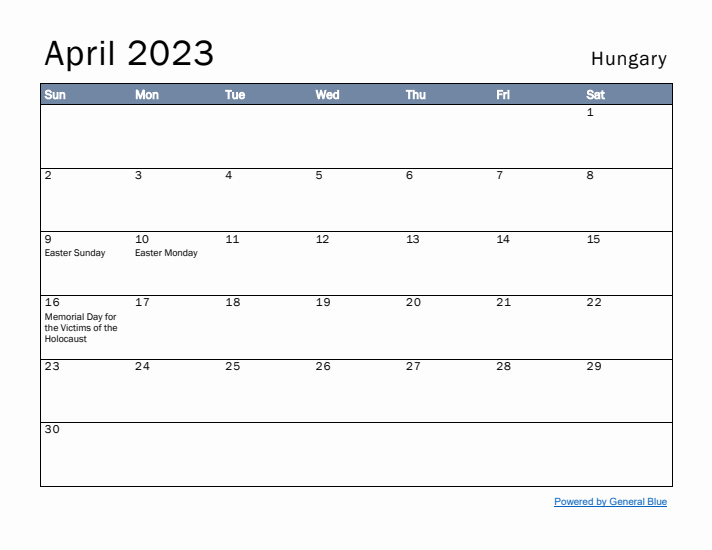 April 2023 Simple Monthly Calendar for Hungary