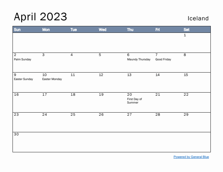 April 2023 Simple Monthly Calendar for Iceland