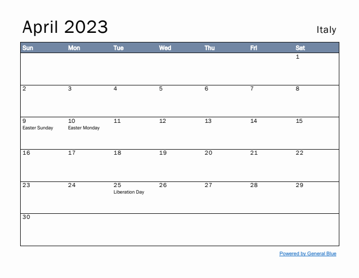 April 2023 Simple Monthly Calendar for Italy