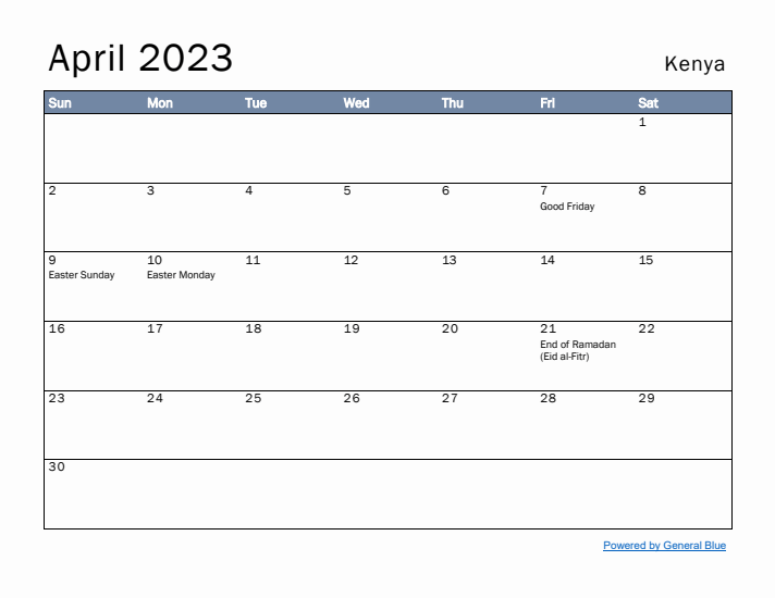 April 2023 Simple Monthly Calendar for Kenya