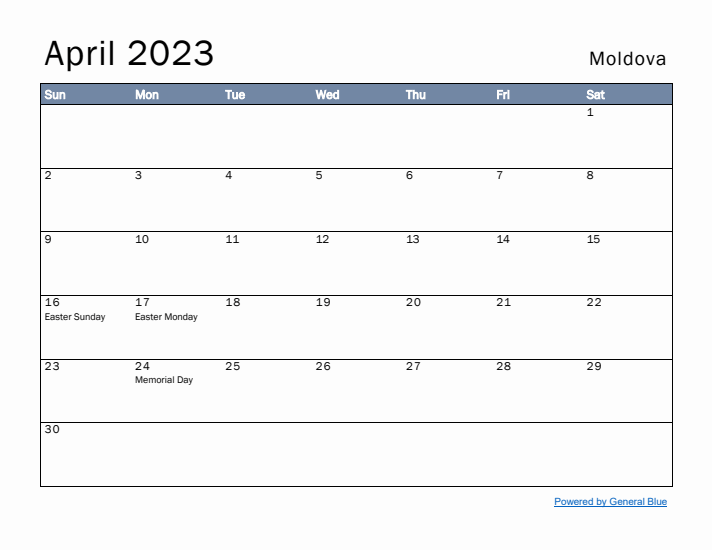 April 2023 Simple Monthly Calendar for Moldova