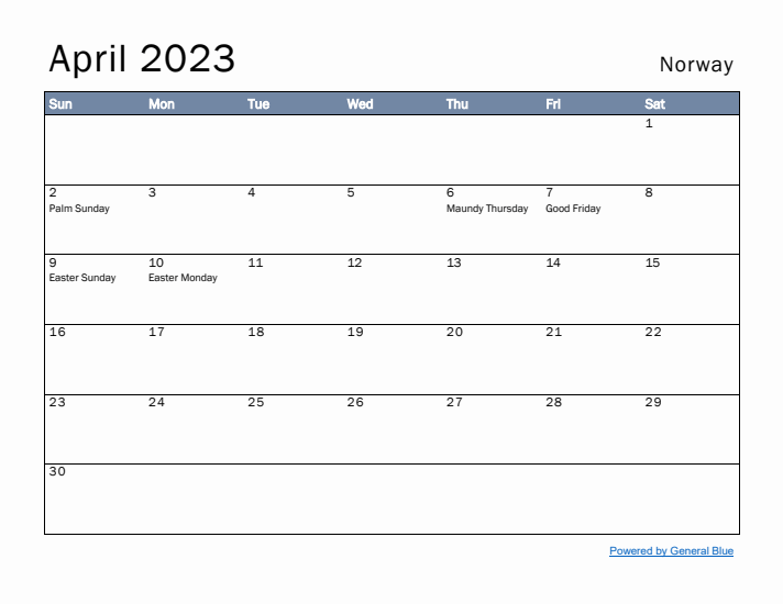 April 2023 Simple Monthly Calendar for Norway