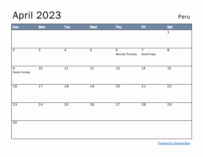 April 2023 Simple Monthly Calendar for Peru