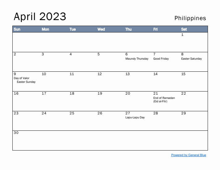 April 2023 Simple Monthly Calendar for Philippines