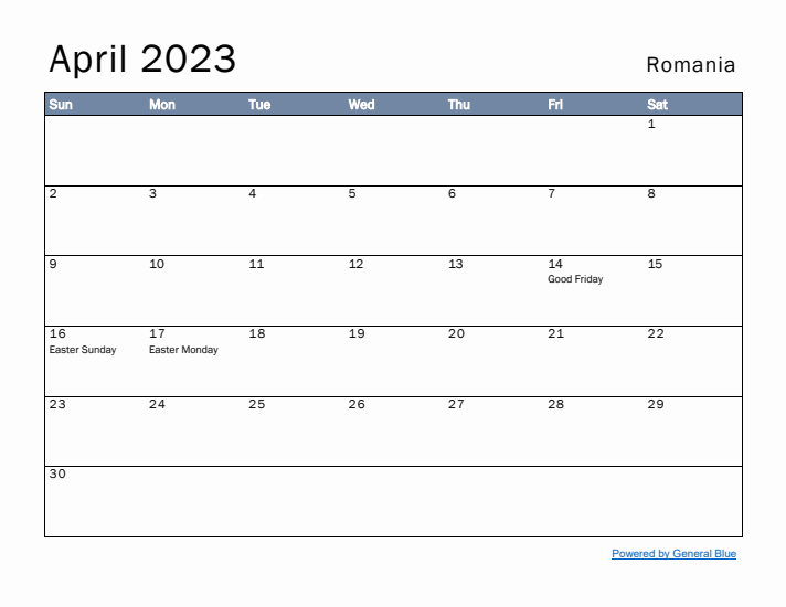 April 2023 Simple Monthly Calendar for Romania