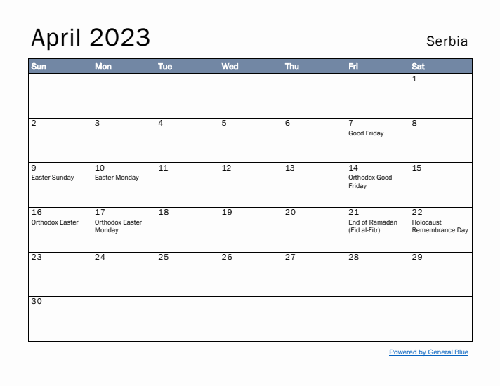 April 2023 Simple Monthly Calendar for Serbia