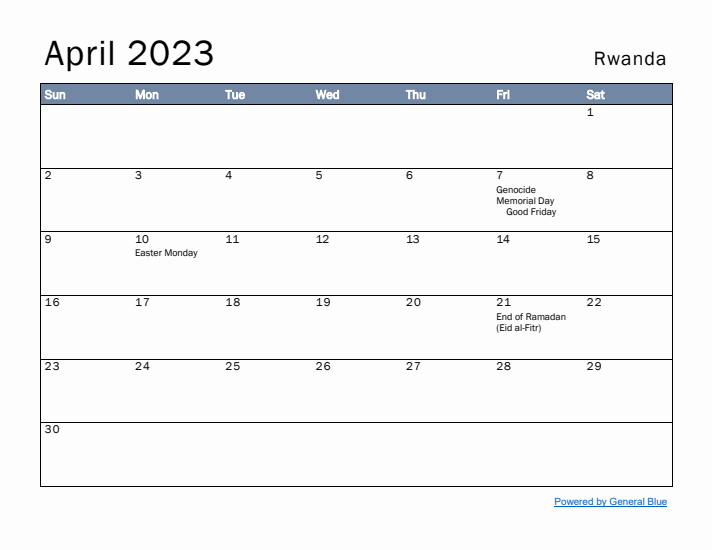 April 2023 Simple Monthly Calendar for Rwanda