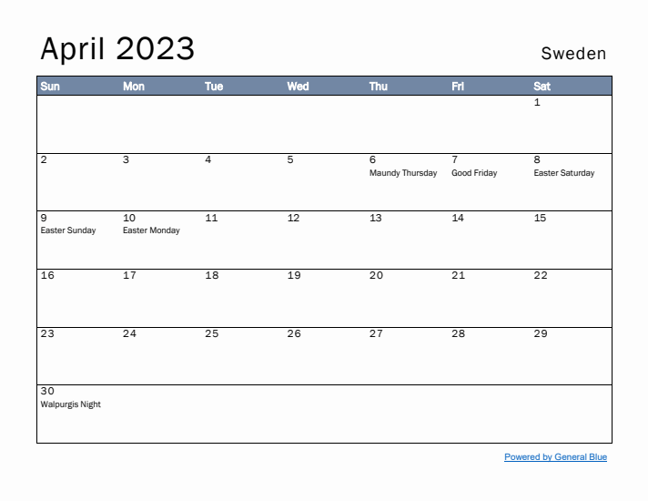 April 2023 Simple Monthly Calendar for Sweden