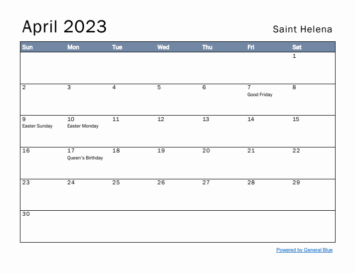 April 2023 Simple Monthly Calendar for Saint Helena