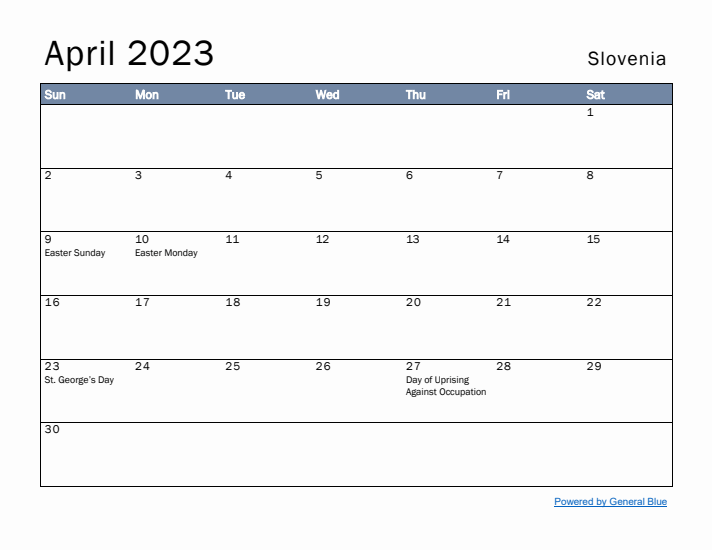 April 2023 Simple Monthly Calendar for Slovenia