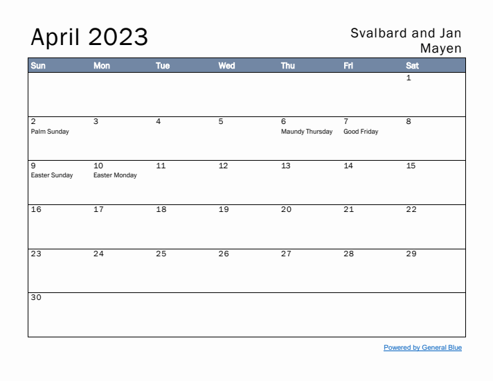 April 2023 Simple Monthly Calendar for Svalbard and Jan Mayen