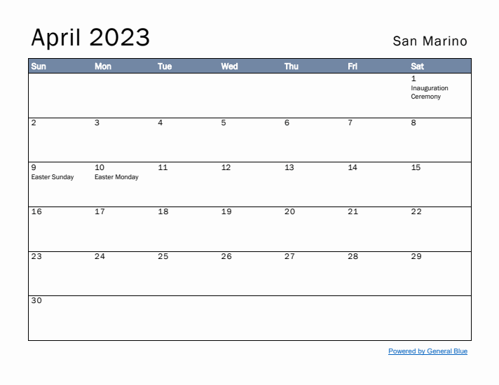 April 2023 Simple Monthly Calendar for San Marino