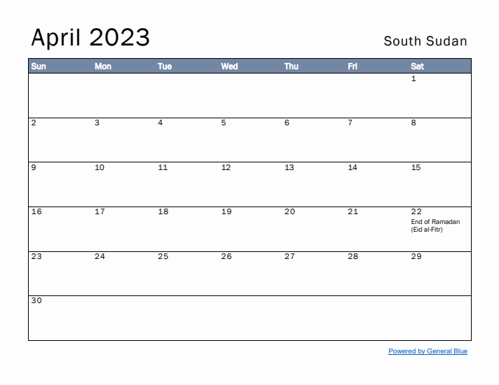 April 2023 Simple Monthly Calendar for South Sudan