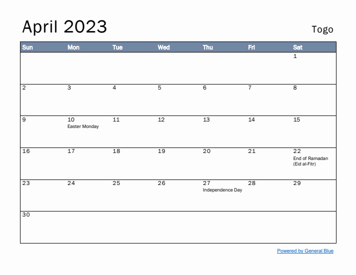 April 2023 Simple Monthly Calendar for Togo