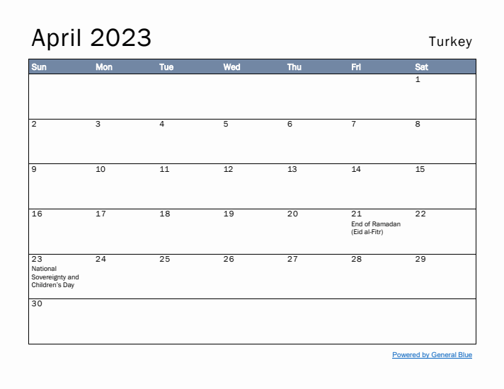 April 2023 Simple Monthly Calendar for Turkey