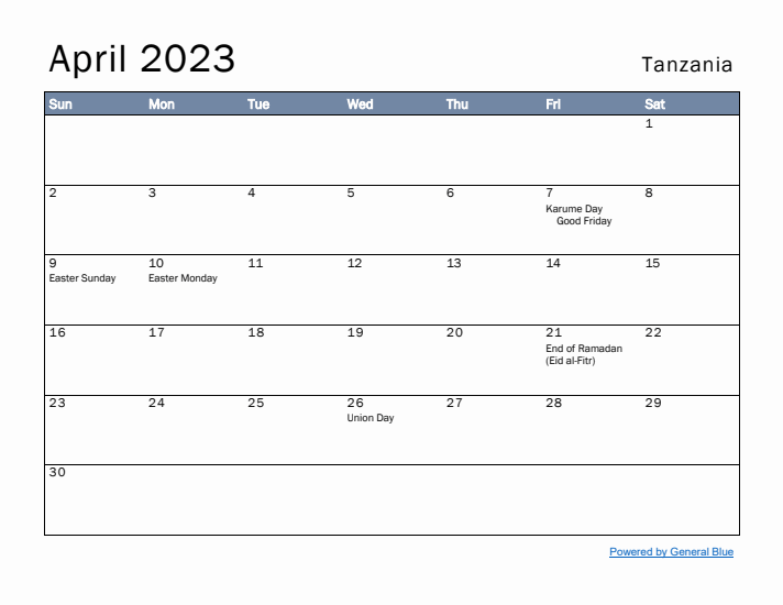 April 2023 Simple Monthly Calendar for Tanzania