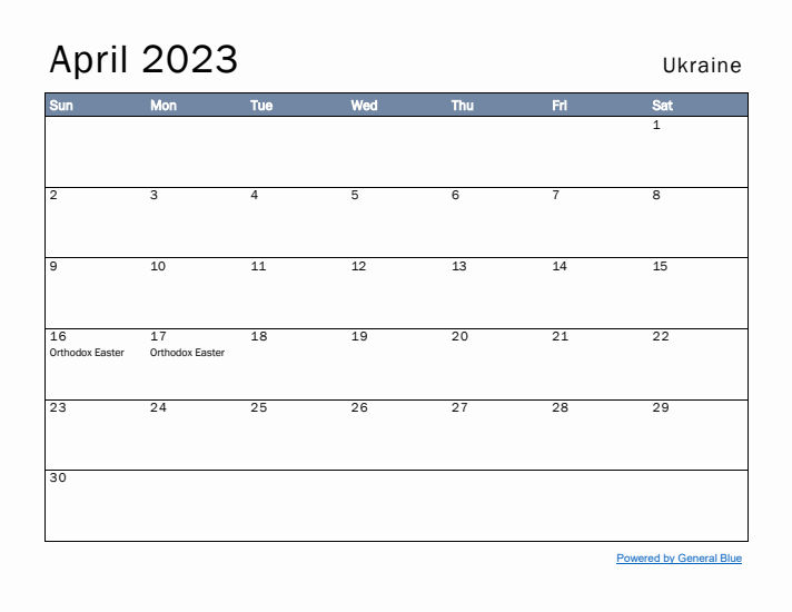 April 2023 Simple Monthly Calendar for Ukraine