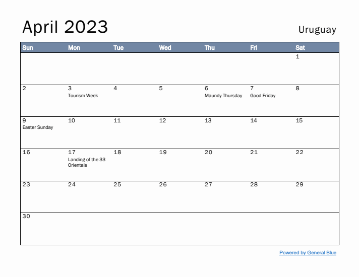 April 2023 Simple Monthly Calendar for Uruguay