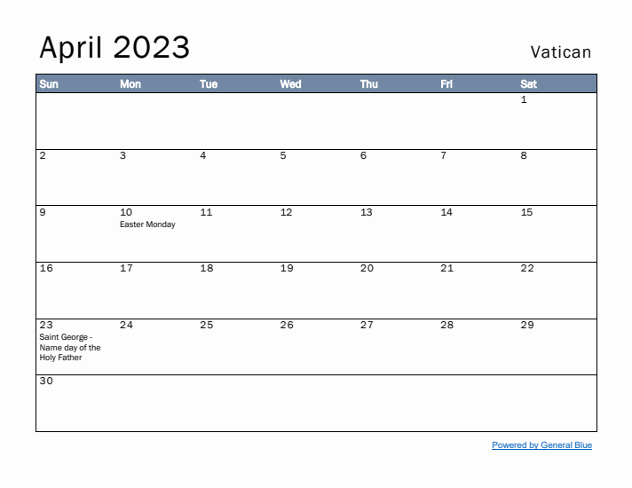 April 2023 Simple Monthly Calendar for Vatican