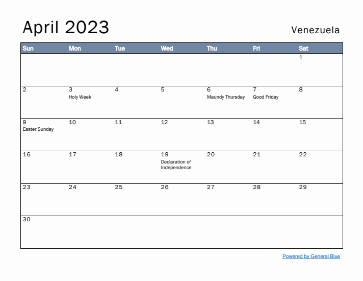 April 2023 Simple Monthly Calendar for Venezuela