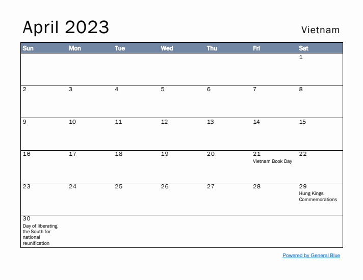 April 2023 Simple Monthly Calendar for Vietnam