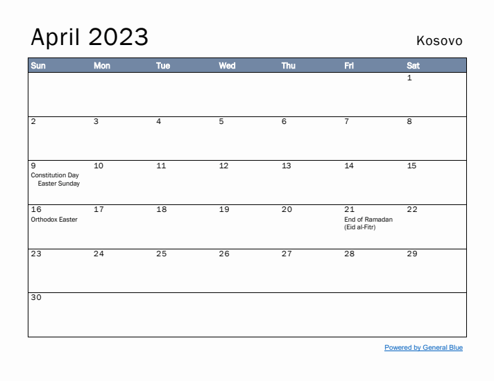 April 2023 Simple Monthly Calendar for Kosovo