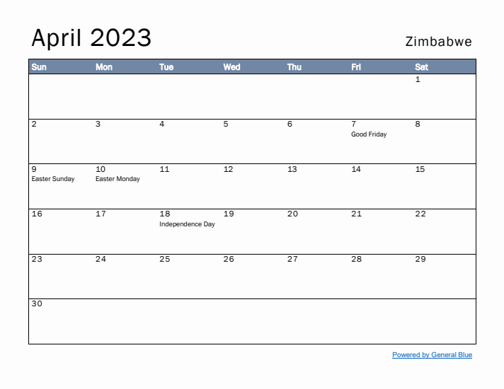 April 2023 Simple Monthly Calendar for Zimbabwe