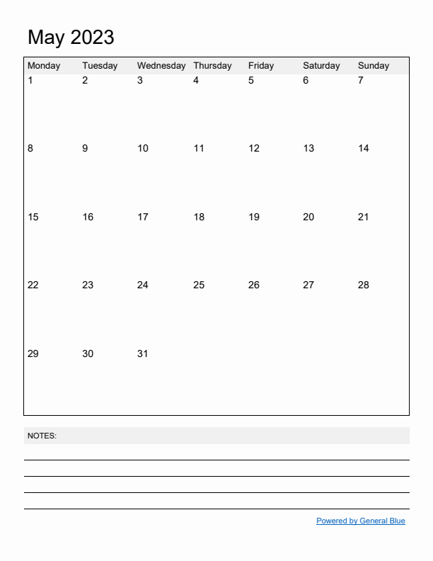 Basic Monthly Calendar Template for May 2023