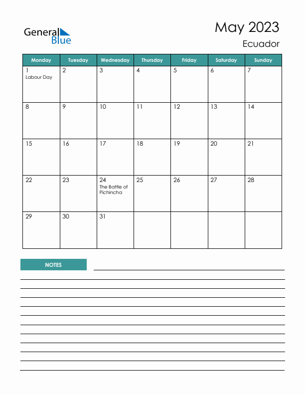 Calendar with Notes Printable - Monday Start