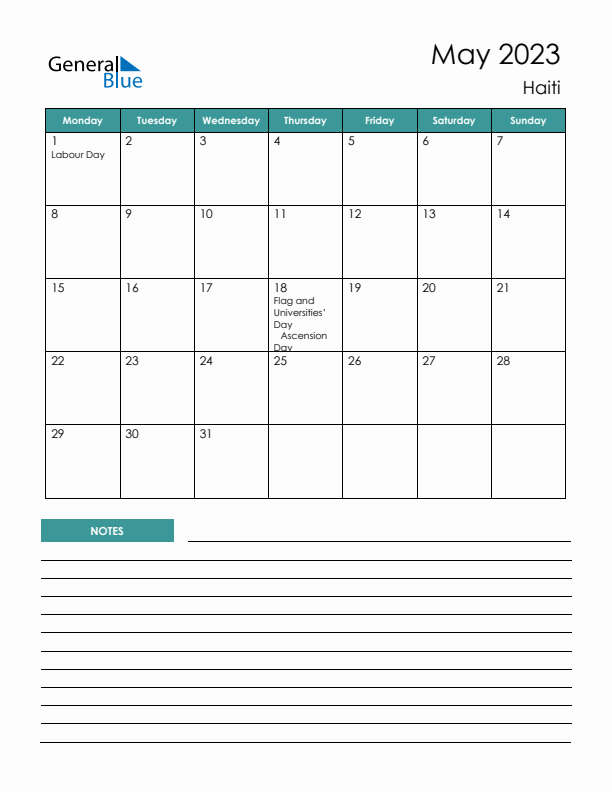 Calendar with Notes Printable - Monday Start