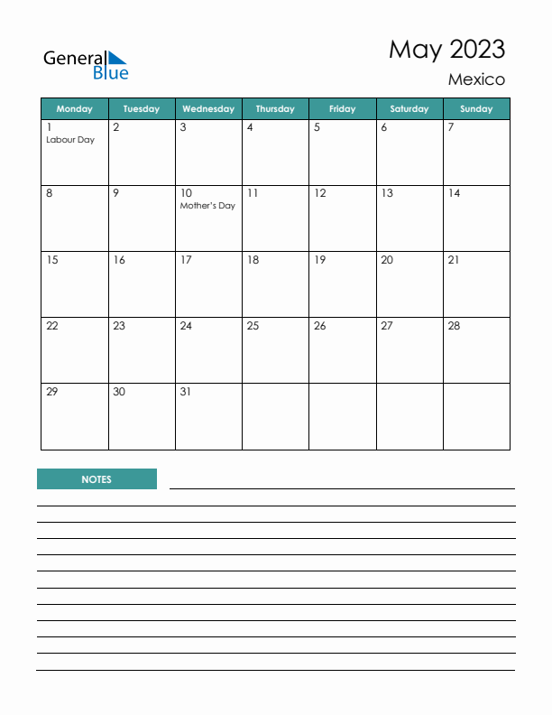 Calendar with Notes Printable - Monday Start