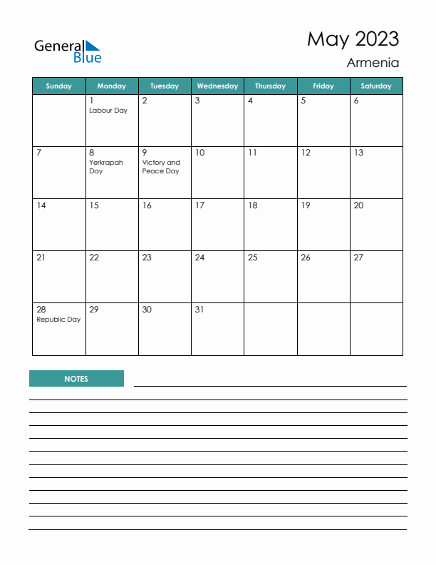 Calendar with Notes Printable - Sunday Start