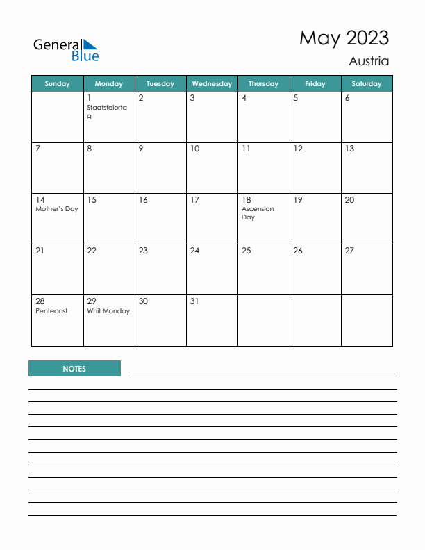 Calendar with Notes Printable - Sunday Start