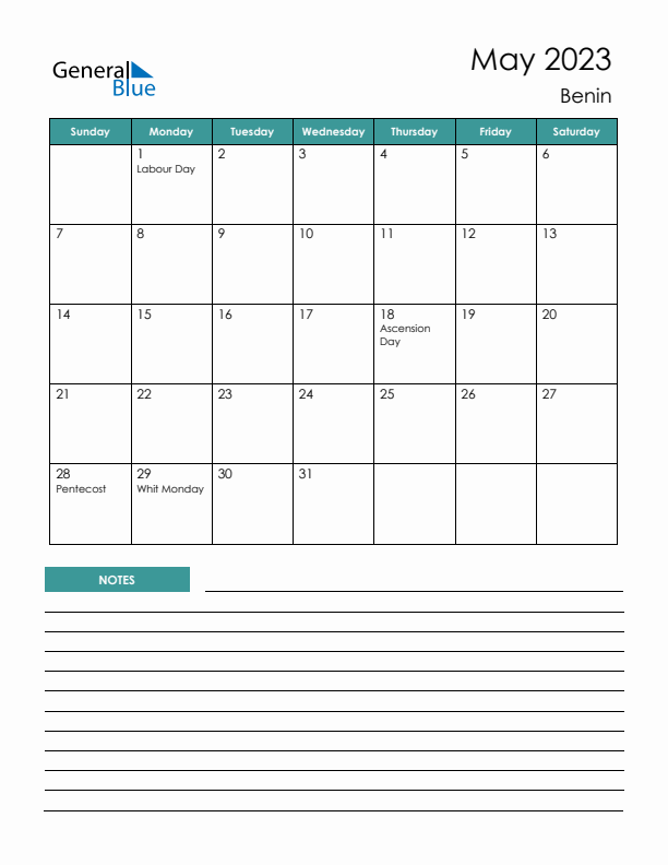 Calendar with Notes Printable - Sunday Start