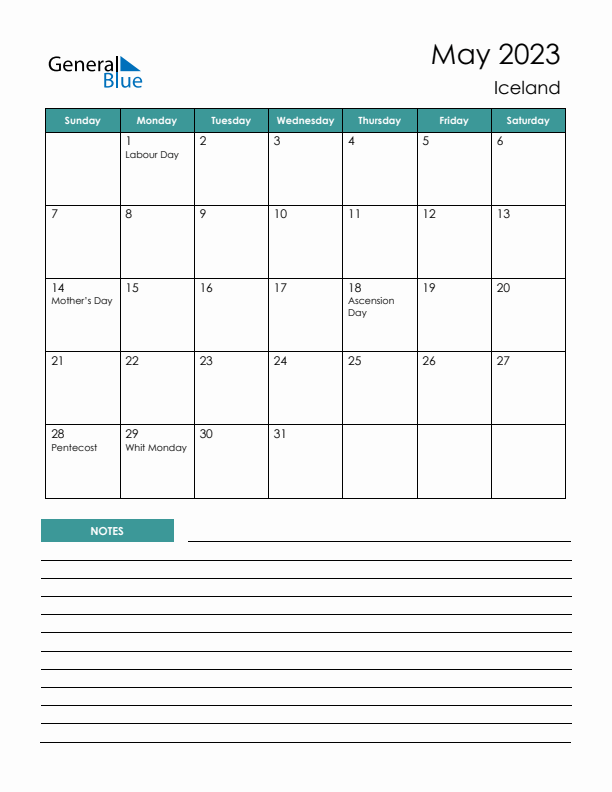 Calendar with Notes Printable - Sunday Start