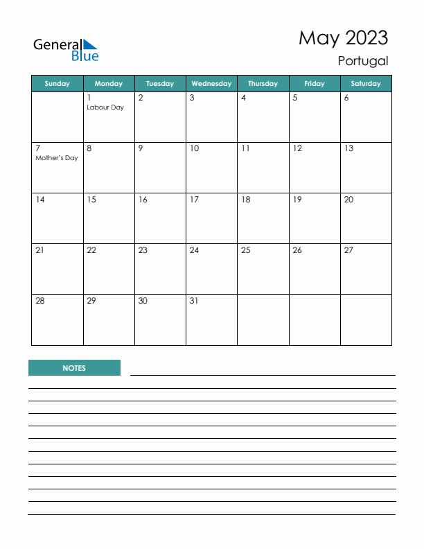 Calendar with Notes Printable - Sunday Start