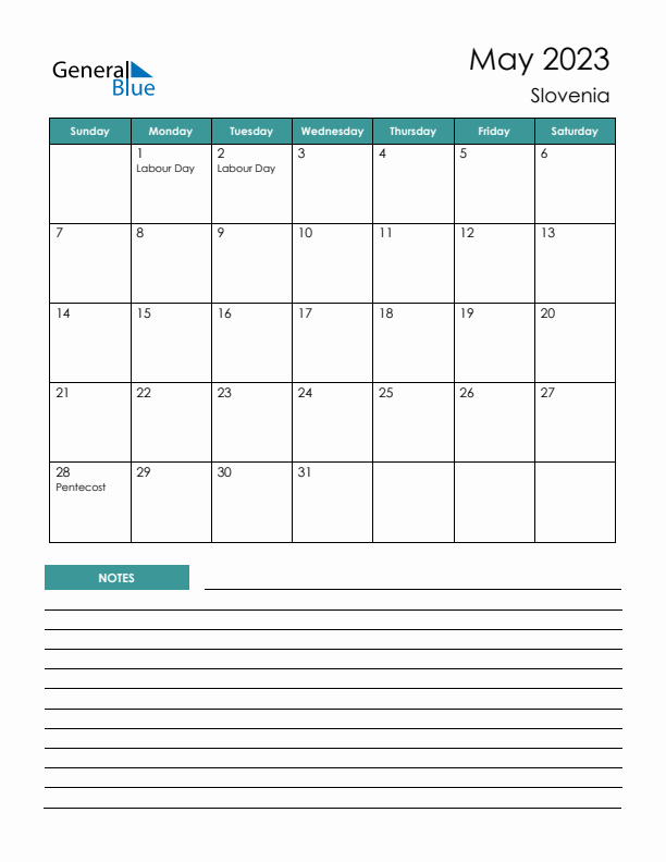 Calendar with Notes Printable - Sunday Start