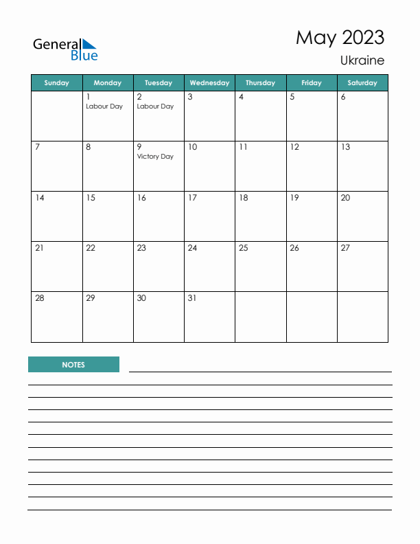 Calendar with Notes Printable - Sunday Start