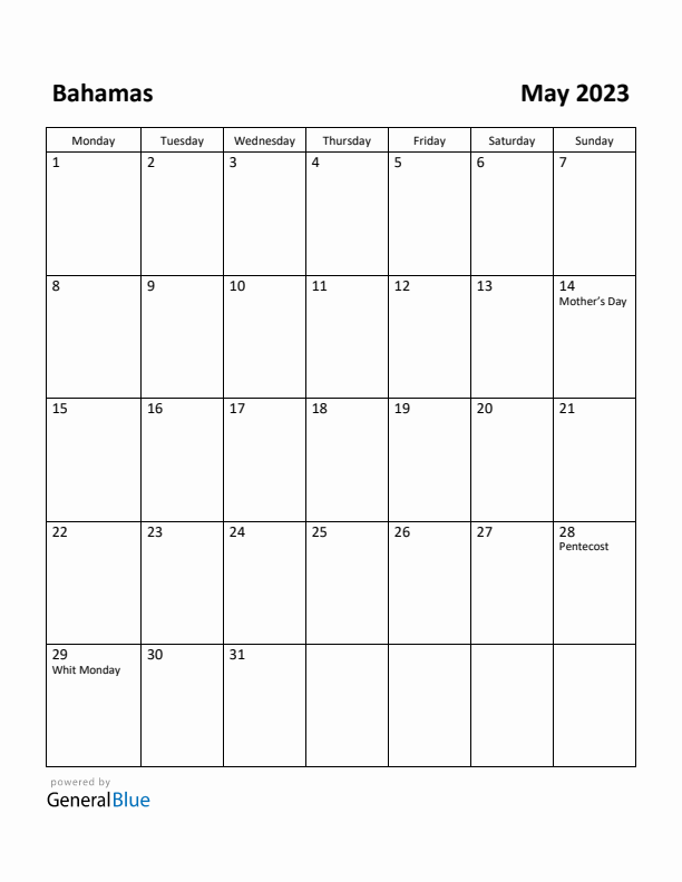 May 2023 Calendar with Bahamas Holidays