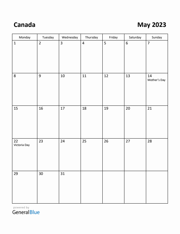 May 2023 Calendar with Canada Holidays