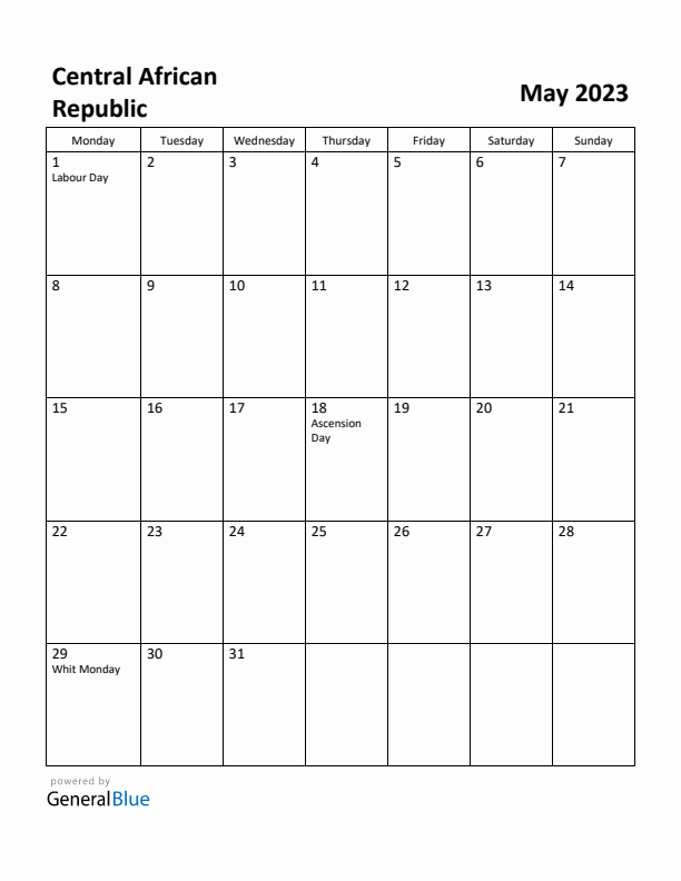 May 2023 Calendar with Central African Republic Holidays